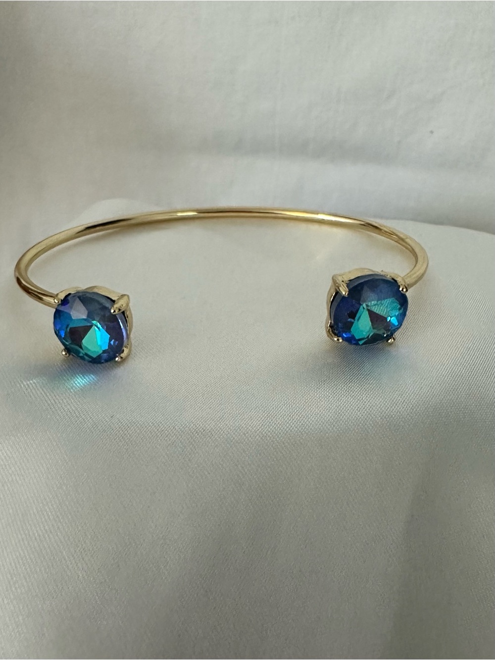 Gold Open Cuff Bracelet with Blue Green/Teal Crystal Ends